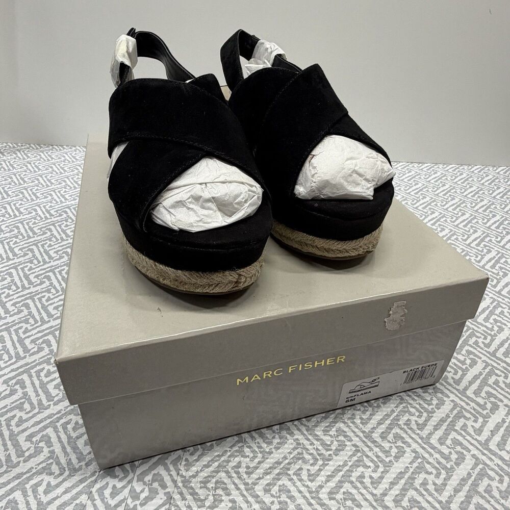 Marc Fisher Black Suede Flama Slingback Espadrille Platform Wedge Sandals 6 New